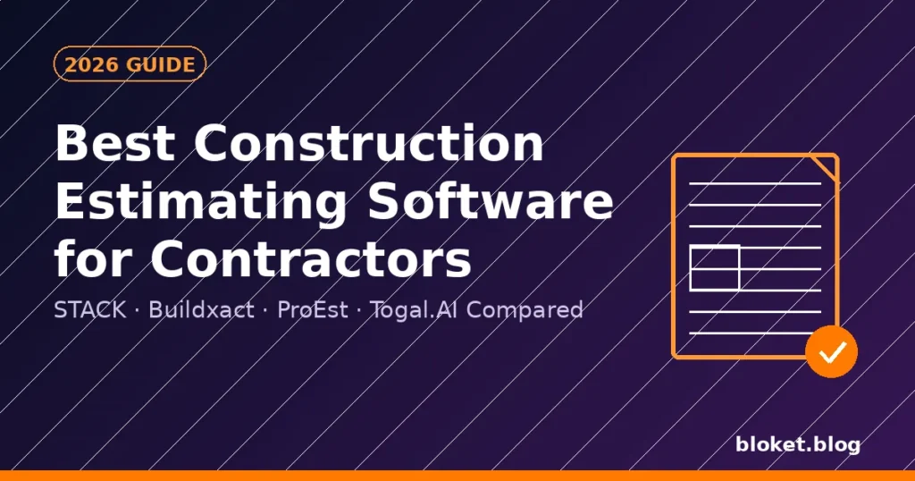 Best construction estimating software 2026 guide cover with blueprint and checkmark icon