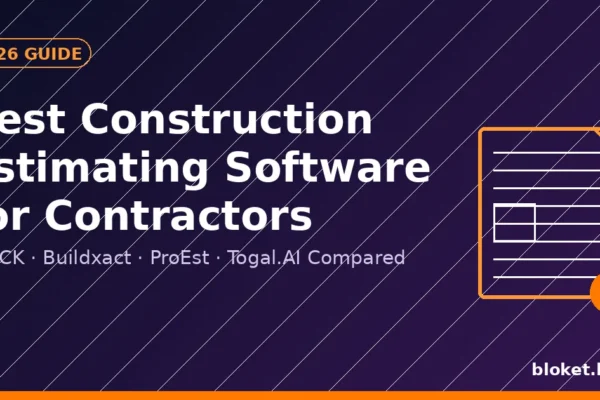 Best construction estimating software 2026 guide cover with blueprint and checkmark icon