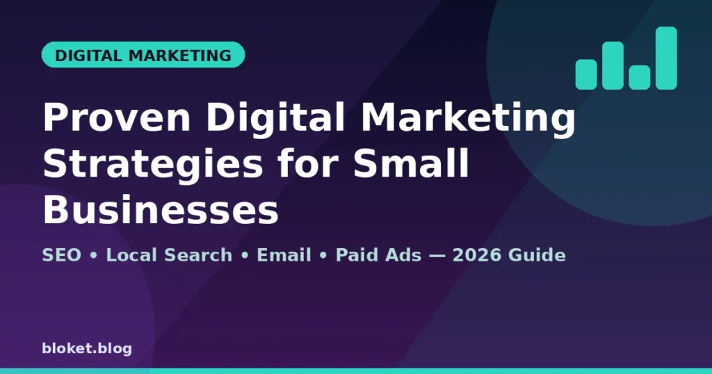 Digital marketing strategies for small businesses shown on a navy and purple growth chart graphic