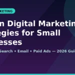 Digital marketing strategies for small businesses shown on a navy and purple growth chart graphic