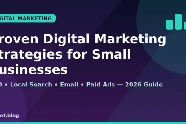 Digital marketing strategies for small businesses shown on a navy and purple growth chart graphic