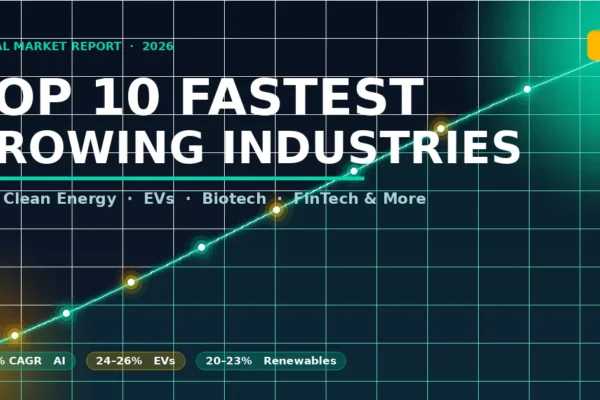Fastest growing industries in the world 2026 — glowing growth curve with 10 industry data points on dark chart