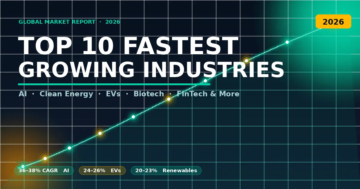 Fastest growing industries in the world 2026 — glowing growth curve with 10 industry data points on dark chart