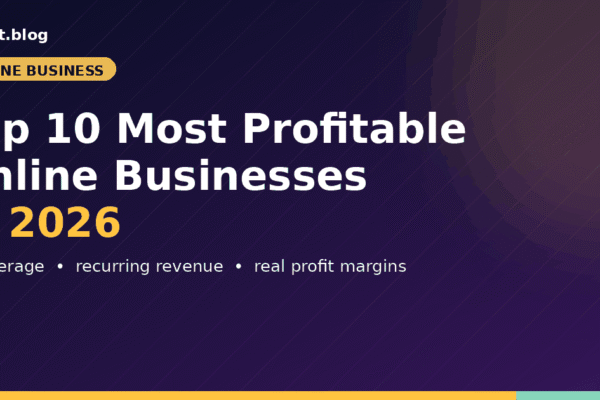 Top 10 most profitable online businesses in 2026 featured image with AI leverage, recurring revenue, and profit margins