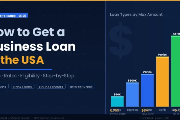Business loan in USA guide showing loan types compared by maximum amount including SBA, bank, and online lenders