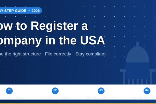 Register a company in USA step-by-step guide showing key stages from entity selection to EIN and bank account