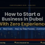 Start a business in Dubai — illustrated night skyline with Burj Khalifa and guide headline overlay