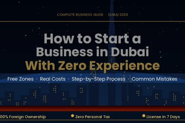 Start a business in Dubai — illustrated night skyline with Burj Khalifa and guide headline overlay