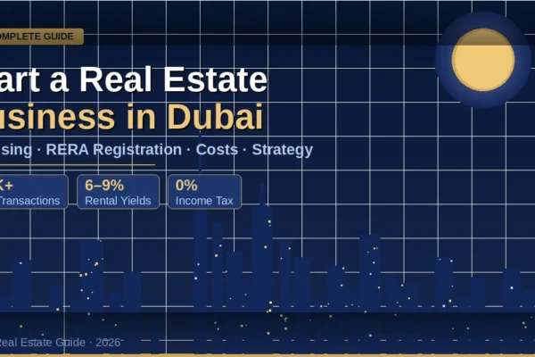 start a real estate business in Dubai — skyline with RERA licensing guide stats for 2026