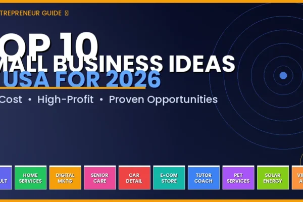 Small business ideas in USA for 2026 — colorful guide showing top 10 startup opportunities
